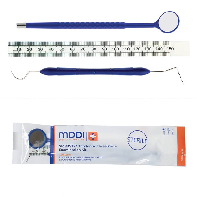 Orthodontic 3-Piece Sterile Examination Kit - Mirror, Ruler, CPITN-C (WHO)/No 8 Probe - Disposable