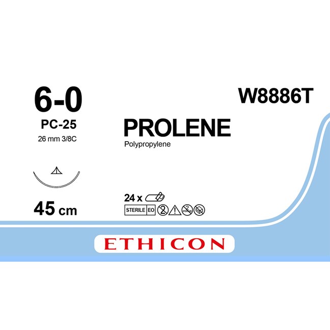 Prolene Blu Suture W8886T. Length 45cm, M0.7 Gauge 6/0 PC-25