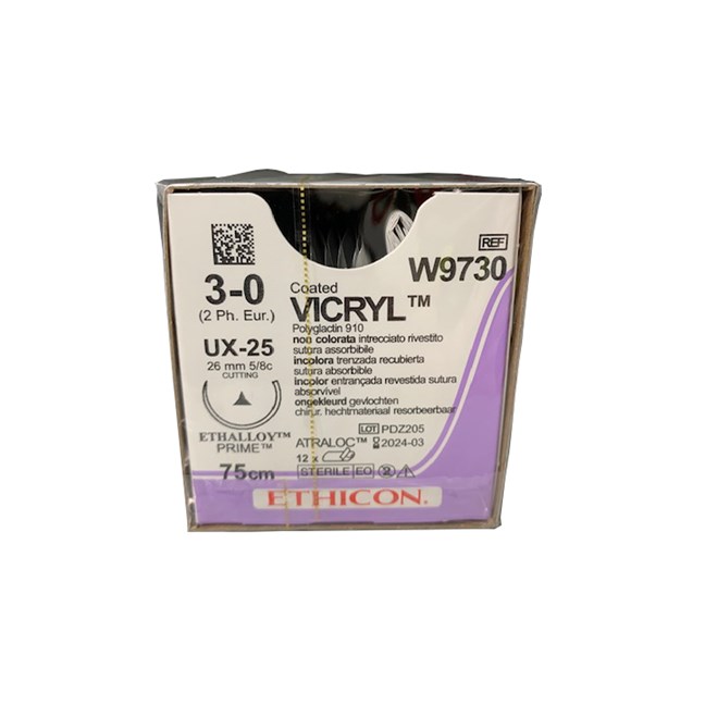 Vicryl Suture, Coated - Absorbable, Braided, Undyed W9730. Length: 75cm, Gauge: 3/0