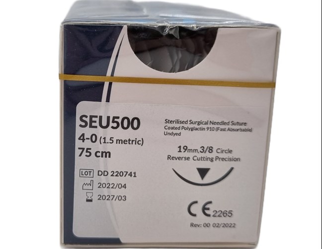 UnoDent PGLA Fast Absorbable Surgical Suture Gauge: 4/0, Length: 75cm, 3/8 circle, Reverse Cutting, 19mm, Prime