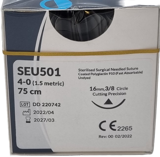 UnoDent PGLA Fast Absorbable Surgical Suture Gauge: 4/0, Length: 75cm, 3/8 circle, Cutting, 16mm, Prime