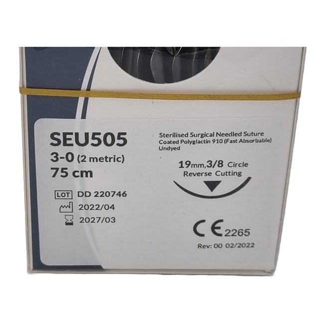 UnoDent PGLA Fast Absorbable Surgical Suture Gauge: 3/0, Length: 75cm, 3/8 circle, Reverse Cutting, 19mm